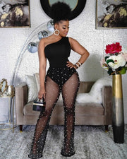 See Through Beaded One Shoulder Trouser Sets