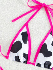 Colorblock Cow Pattern Backless Bikinis