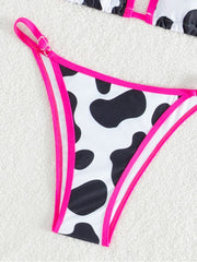 Colorblock Cow Pattern Backless Bikinis