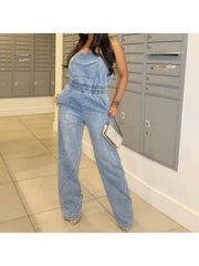 Denim Pocket Patchwork Strapless Jumpsuits