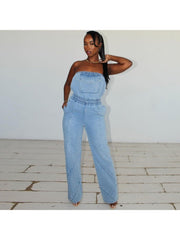 Denim Pocket Patchwork Strapless Jumpsuits