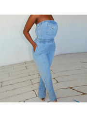 Denim Pocket Patchwork Strapless Jumpsuits