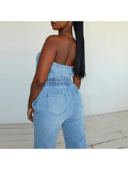 Denim Pocket Patchwork Strapless Jumpsuits