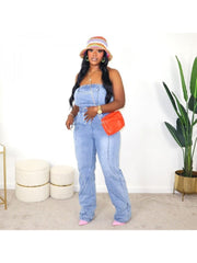 Denim Pocket Patchwork Strapless Jumpsuits