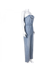 Denim Pocket Patchwork Strapless Jumpsuits