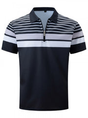 Colorblock Striped Zipper Polo Shirt