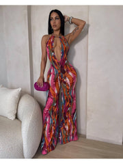 Colorblock Halter Backless Wide Leg Jumpsuits