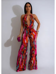 Colorblock Halter Backless Wide Leg Jumpsuits