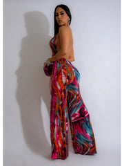 Colorblock Halter Backless Wide Leg Jumpsuits