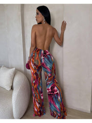 Colorblock Halter Backless Wide Leg Jumpsuits