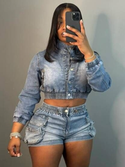 Denim Cropped Jackets Shorts Sets