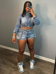 Denim Cropped Jackets Shorts Sets