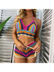 Colorblock Striped Knitted Bikinis Shorts Sets