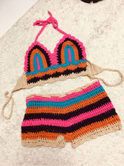 Colorblock Striped Knitted Bikinis Shorts Sets