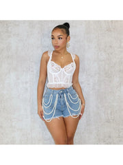 Faux Pearl Chain Fuzzy Trim Denim Shorts