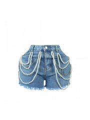 Faux Pearl Chain Fuzzy Trim Denim Shorts