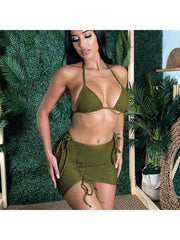 Solid Color Spaghetti Straps Backless 3pc Bikinis Sets