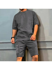 Patchwork Cotton Loose Men's Short Suit