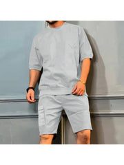 Patchwork Cotton Loose Men's Short Suit