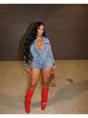 Long Sleeve Single Breasted Denim Rompers