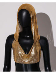 Sequin Hooded Backless Cropped Tank Top