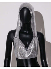 Sequin Hooded Backless Cropped Tank Top