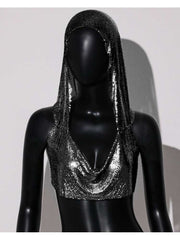 Sequin Hooded Backless Cropped Tank Top