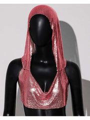 Sequin Hooded Backless Cropped Tank Top