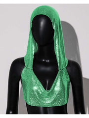 Sequin Hooded Backless Cropped Tank Top