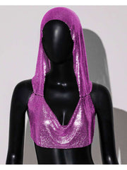 Sequin Hooded Backless Cropped Tank Top