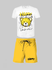 Cartoon Bear Letter Pattern Shorts Set