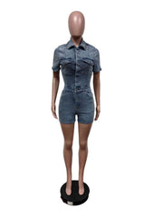 Denim Buckle Collar Short Sleeve Rompers