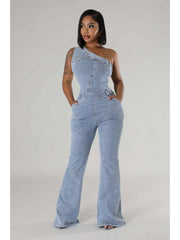 Denim One-shoulder Flared Jumpsuits