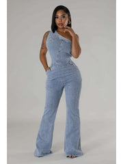 Denim One-shoulder Flared Jumpsuits