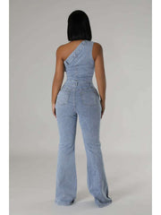 Denim One-shoulder Flared Jumpsuits