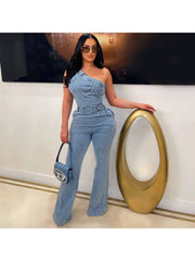 Denim One-shoulder Flared Jumpsuits