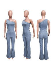 Denim One-shoulder Flared Jumpsuits