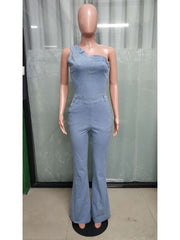 Denim One-shoulder Flared Jumpsuits