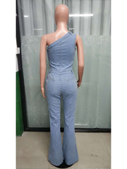 Denim One-shoulder Flared Jumpsuits