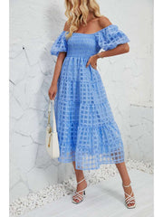 Patchwork Square Neck Puff Sleeve Short Sleeve Dress