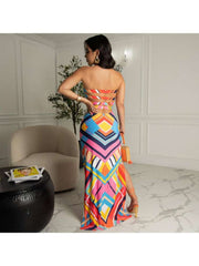 Colorblock Geometric Strapless Maxi Dress