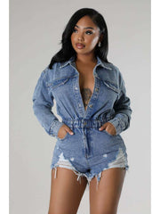 Ripped Fringe Long Sleeve Single Breasted Denim Rompers