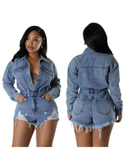 Ripped Fringe Long Sleeve Single Breasted Denim Rompers