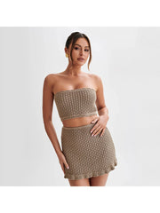 Hollow Out Knitting Strapless Skirt Sets