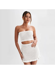 Hollow Out Knitting Strapless Skirt Sets