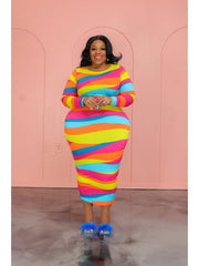 Striped Plus Size Bodycon Long Sleeve Maxi Dress