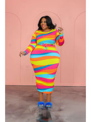 Striped Plus Size Bodycon Long Sleeve Maxi Dress