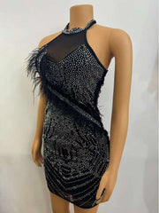 Rhinestones Feather Halter Mini Dress