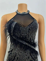 Rhinestones Feather Halter Mini Dress