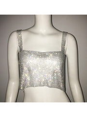 Rhinestone Spaghetti Straps Cropped Design Tops